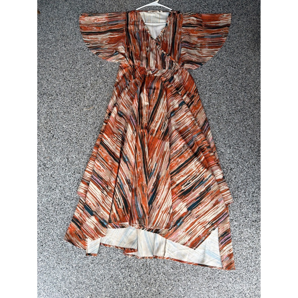 Soft Surroundings Cyra Painted Stripe Dress Petite S Rust Boho High Low 3FZ79